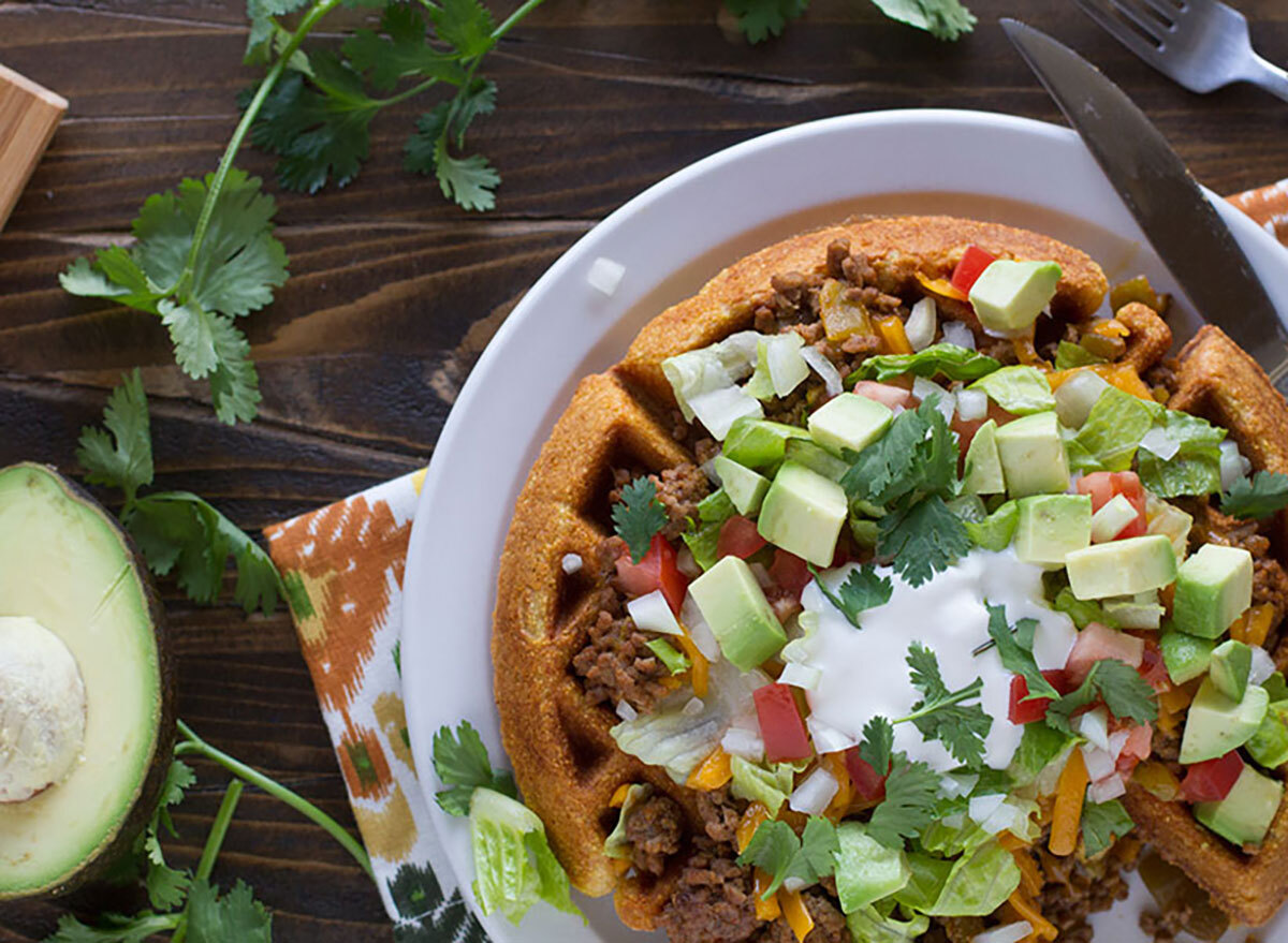 cornbread waffle topped with taco filling