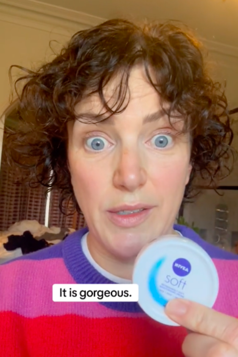 screenshot from Annie Mac's TikTok video where she is holding up Nivea Soft Moisturizing Cream