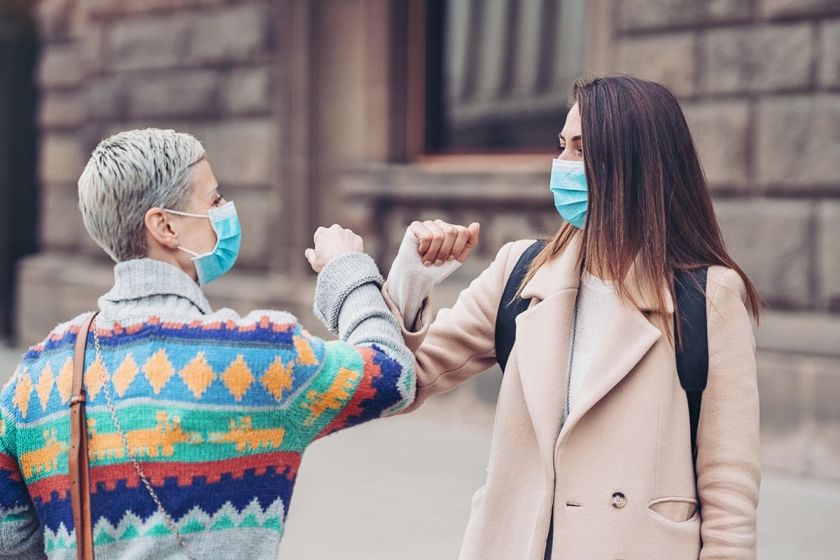 Two women with protective masks touching elbows outdoors in the city