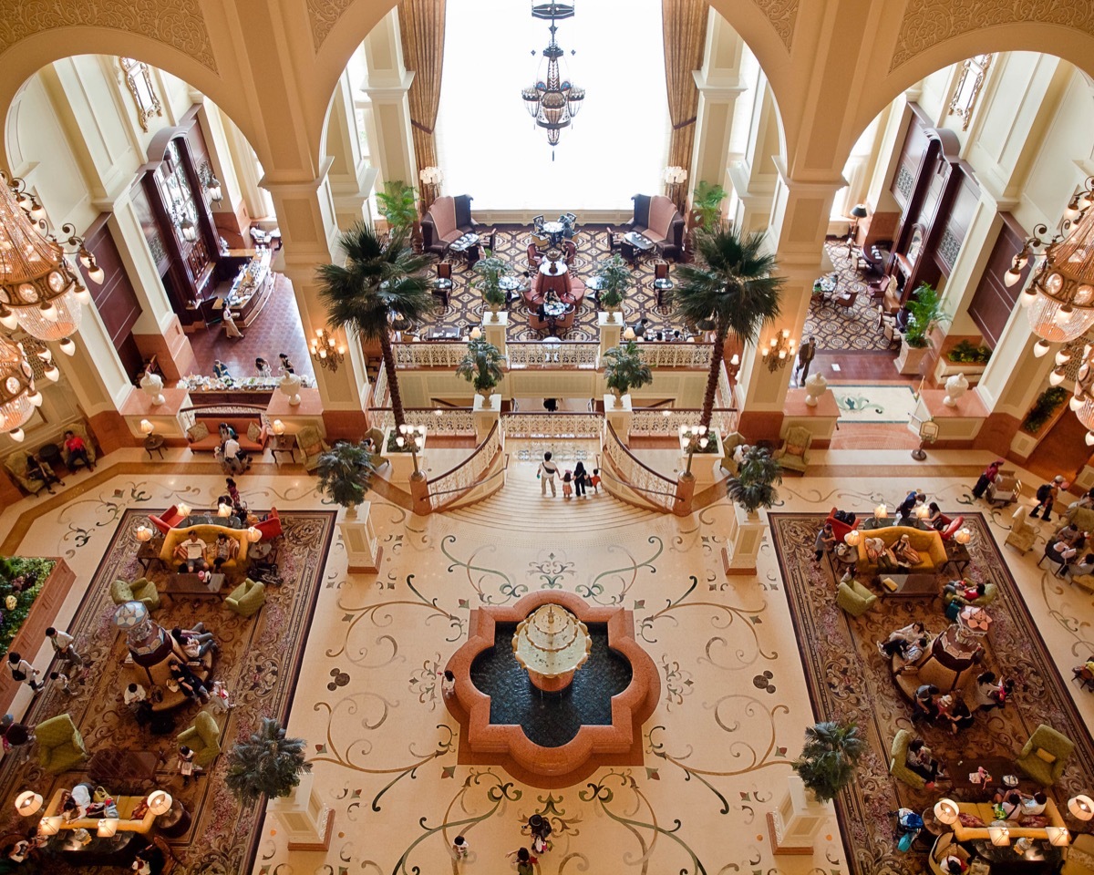 the 9 story lobby viewed of tokyo disneyland from the top