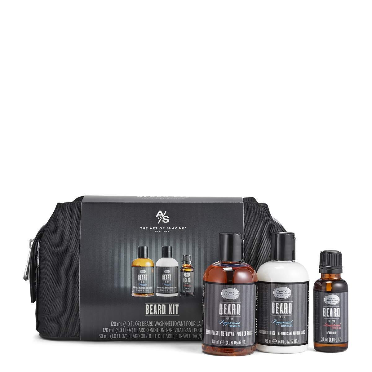 black toiletry bag and bottles of beard products