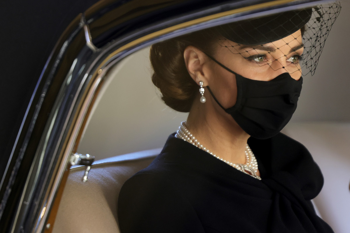 Catherine, Duchess of Cambridge during the funeral of Prince Philip, Duke of Edinburgh at Windsor Castle on April 17, 2021 in Windsor, England.