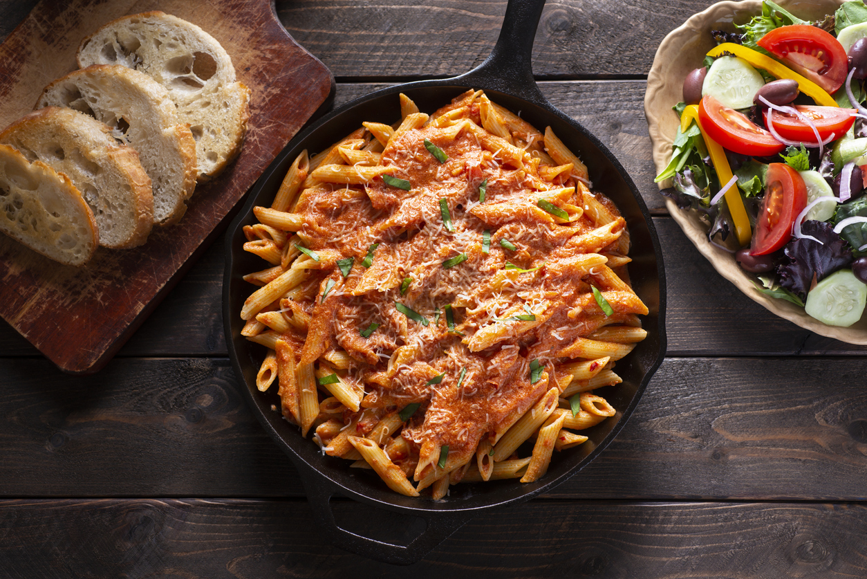 Fresh Penne Pasta with Vodka Sauce in a Cast Iron Skillet.