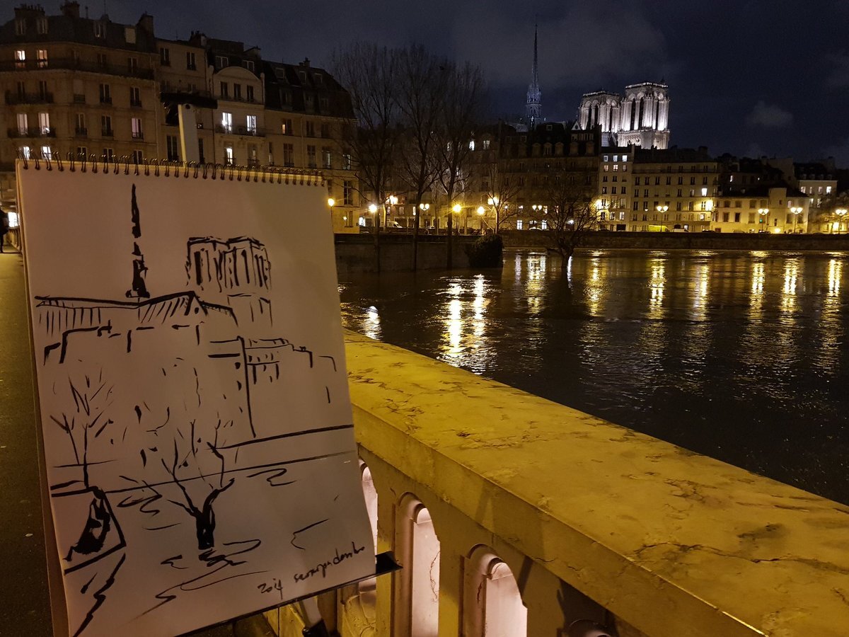 artist Zoia Skoropadenko sketches Paris Flood, January 2018. 