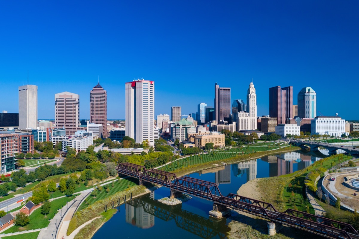 Downtown Columbus skyline aerial with Alexander Park, Battelle Riverfront Park, Genoa Park, and Scioto River in the foregruond.