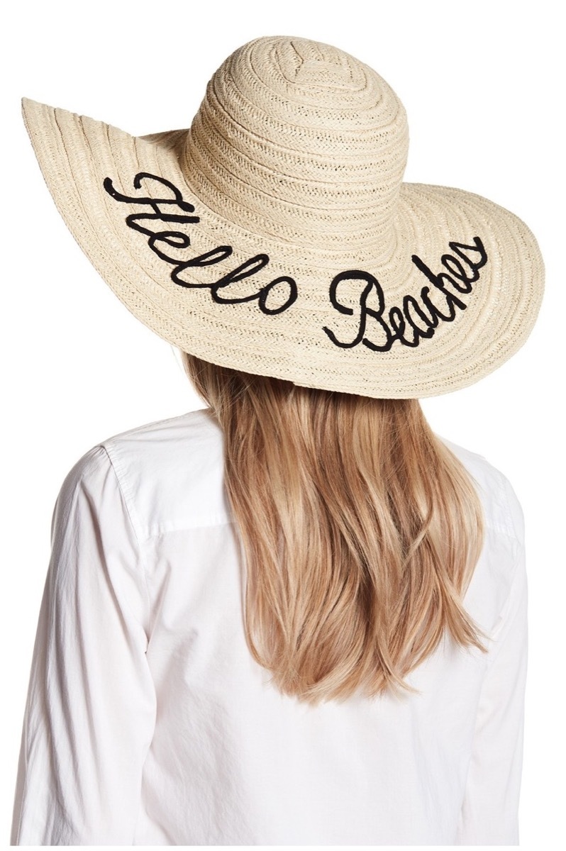 tan straw hat with black writing saying hello beaches, cheap summer hats