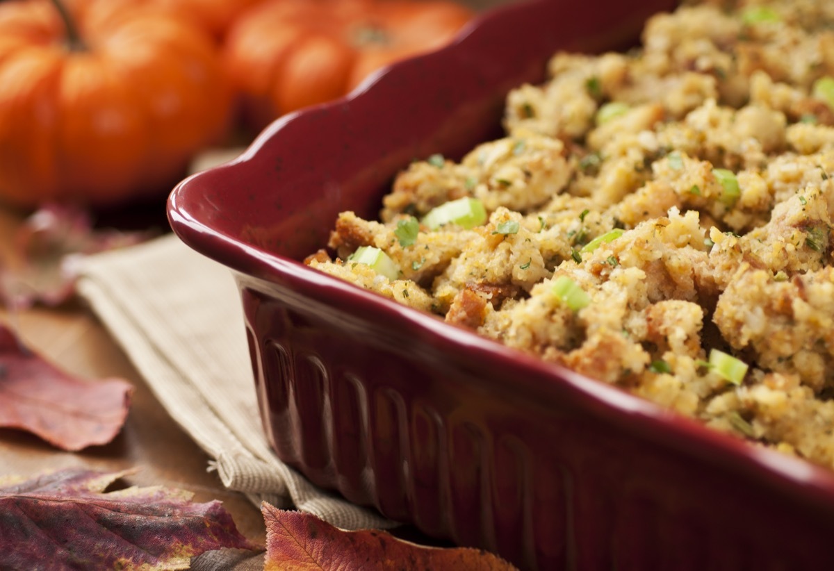 bowl of thanksgiving stuffing that was cooked inside a turkey beforehand