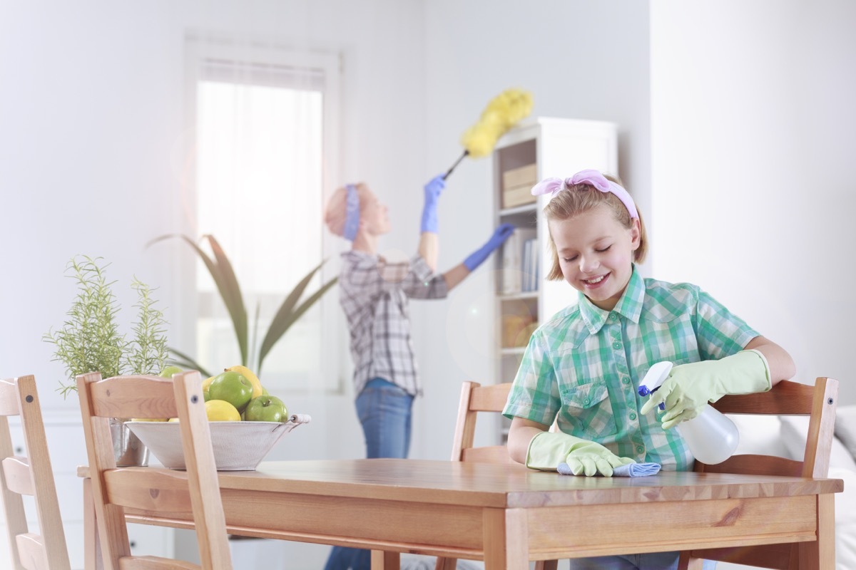 Mother and daughter cleaning