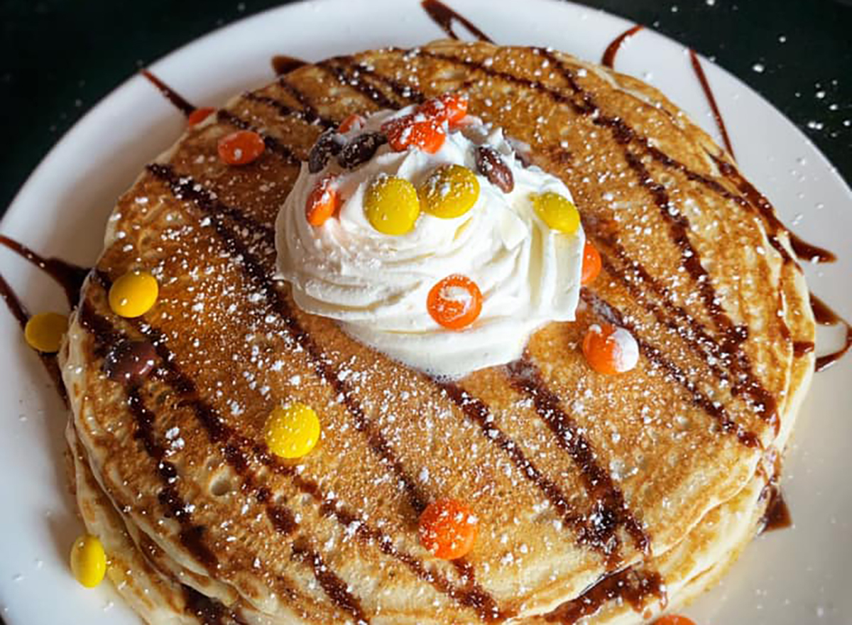 pancakes topped with reeses pieces