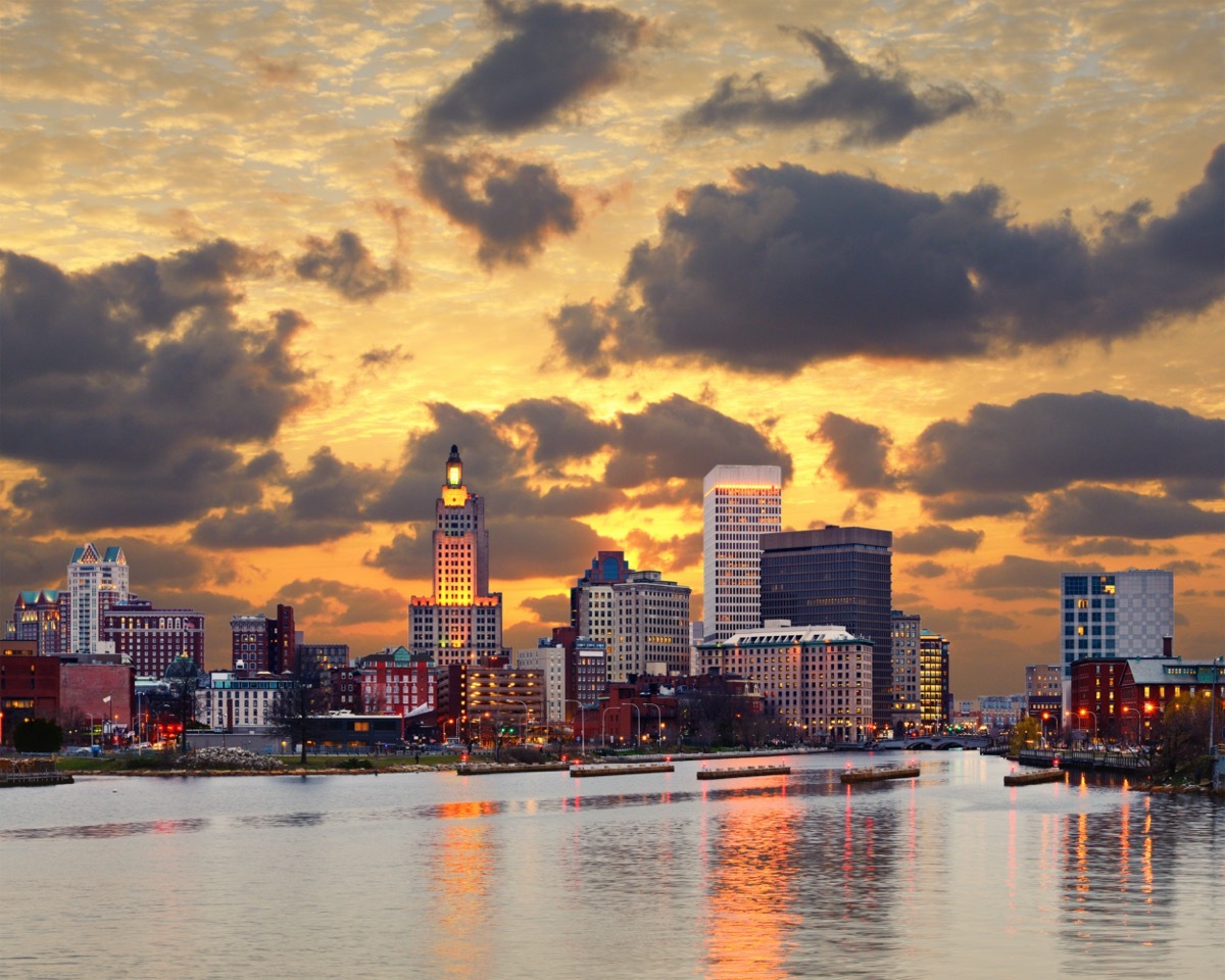 city skyline of and river in Providence, Rhode Island at sunset