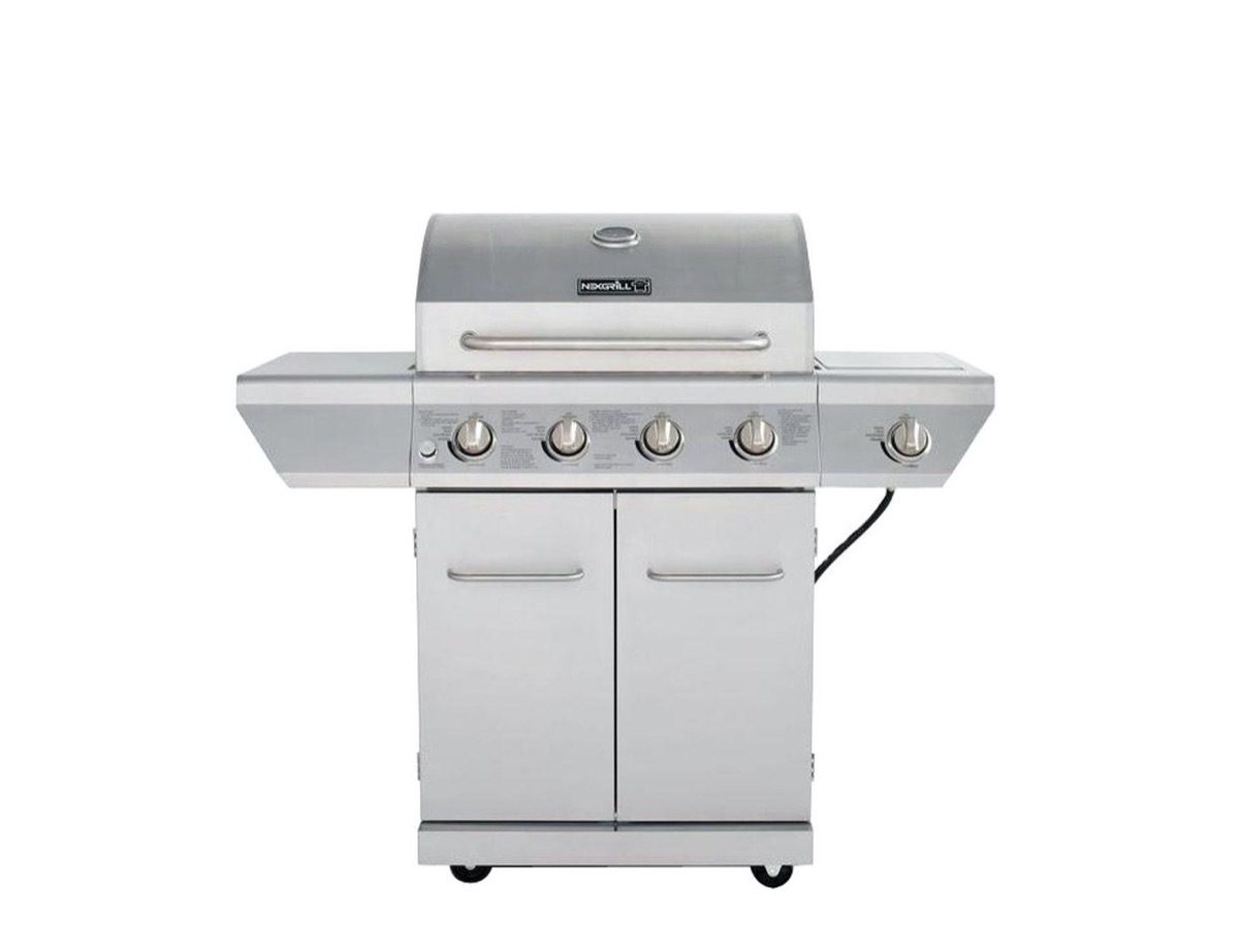 silver four-knob outdoor grill