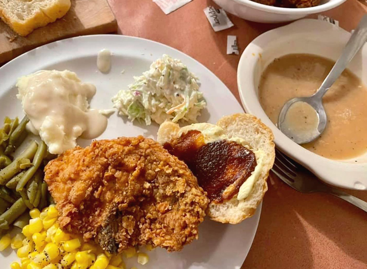 fried chicken with corn and biscuit