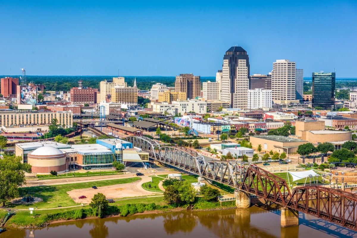 Shreveport, Louisiana, USA downtown skyline over the river.