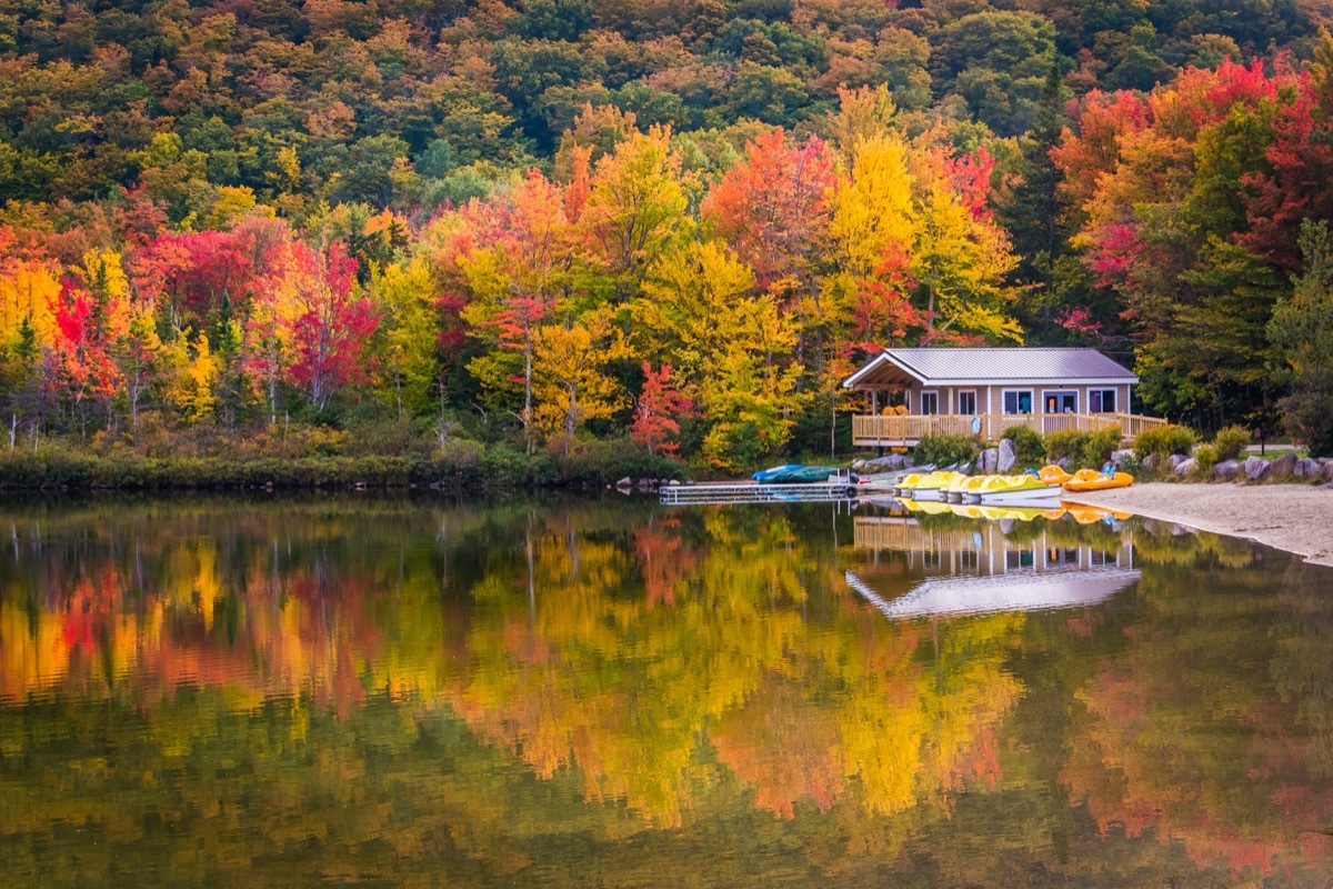 a townhouse next to trees, a lake, and canoes in Grafton County, New Hampshire