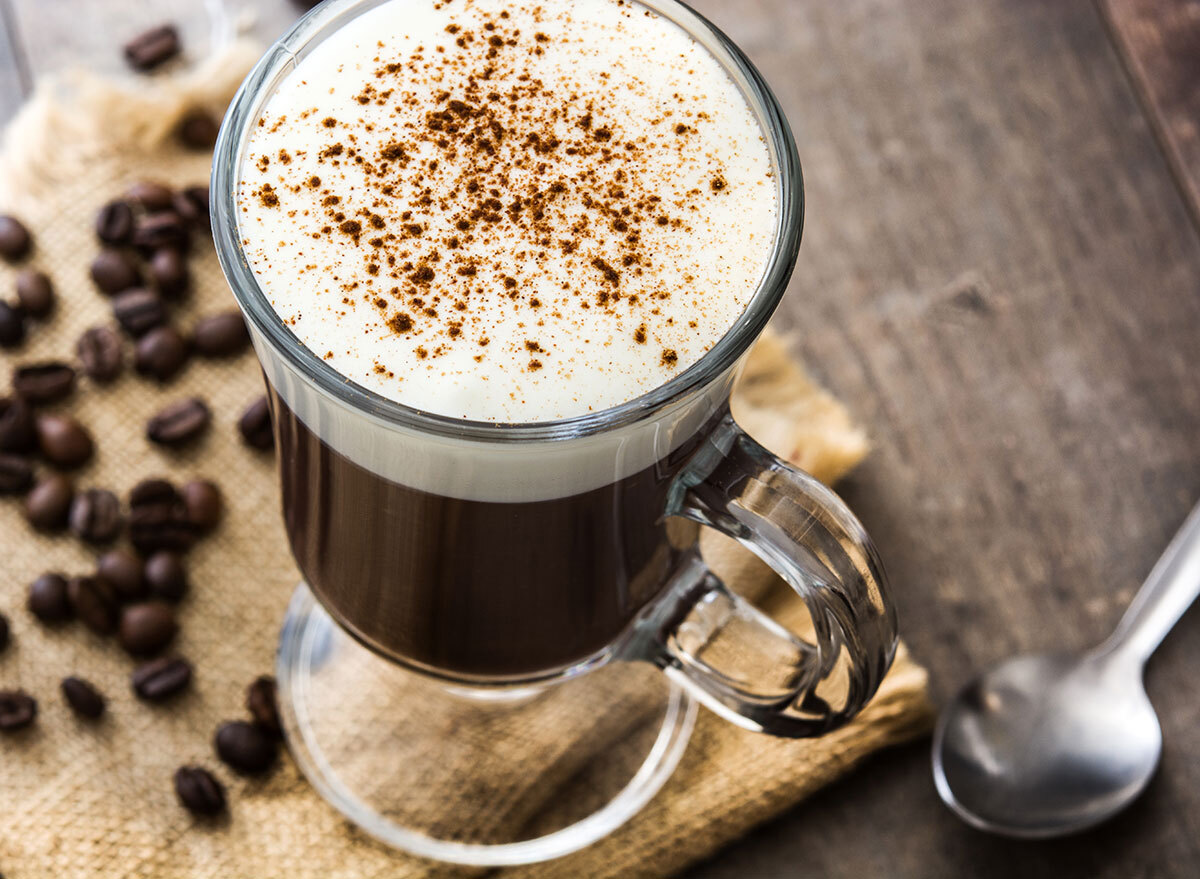 irish coffee cocktail in tall glass mugs