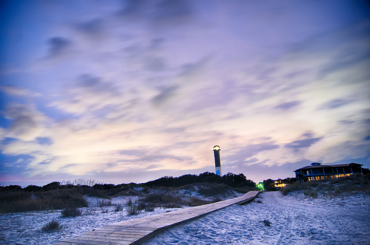 Charleston lighthouse at night located on Sullivan's Island in South Carolina