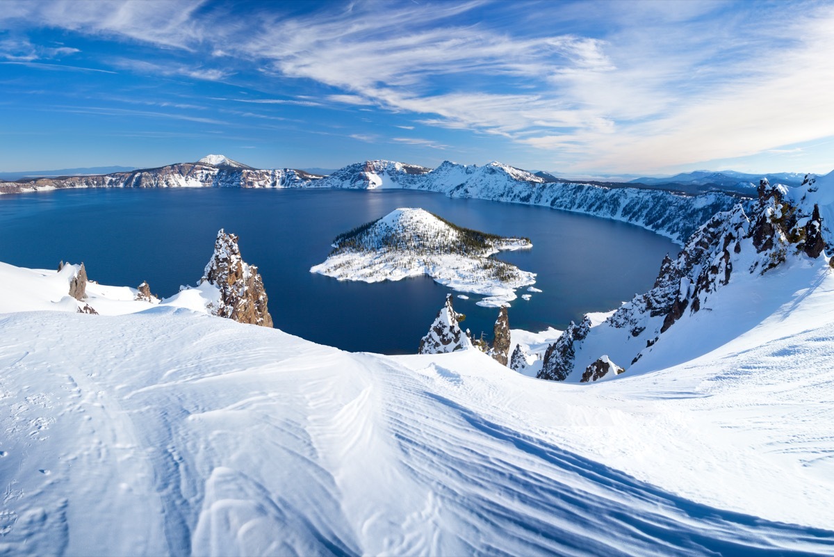 snowy mountains surrounding a lake and island