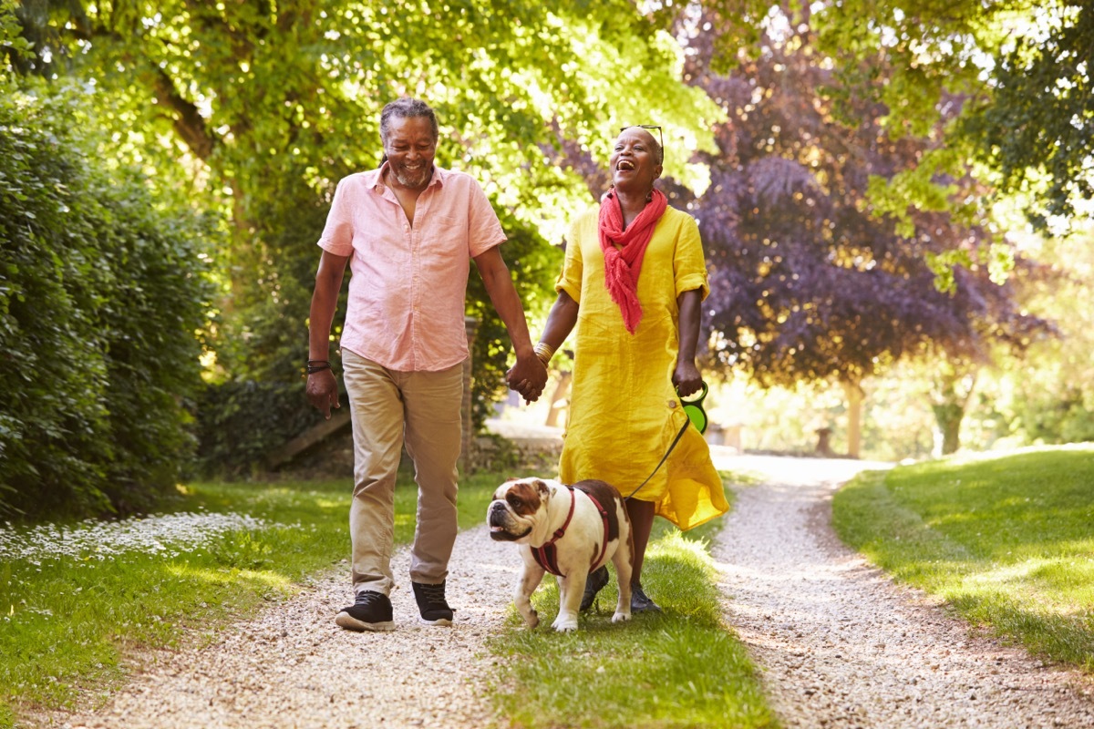 senior couple walking bulldog outside