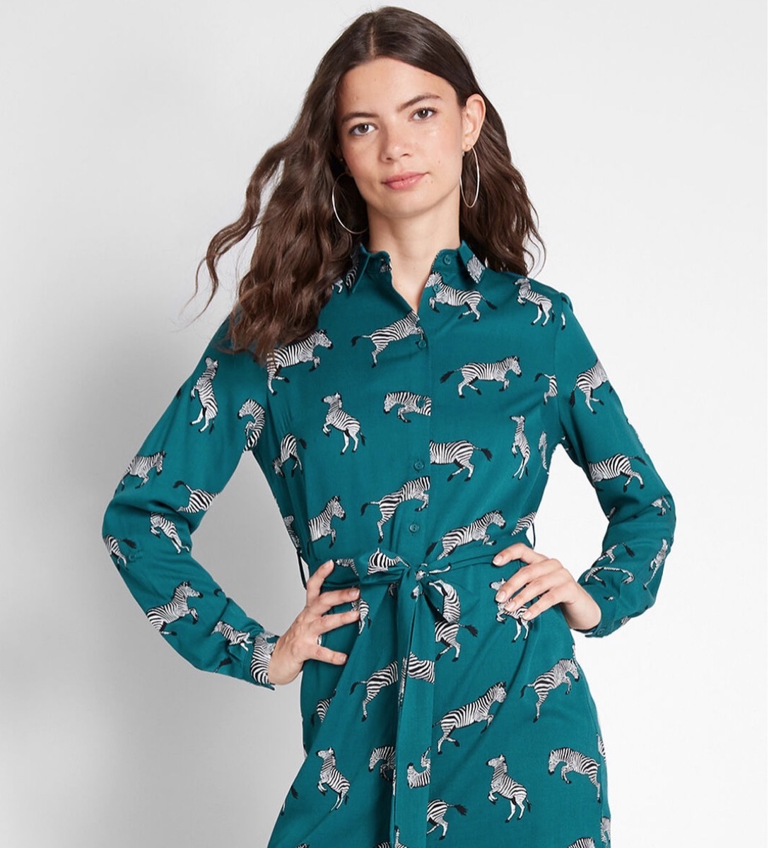 woman wearing green dress with zebras on it, fall dresses