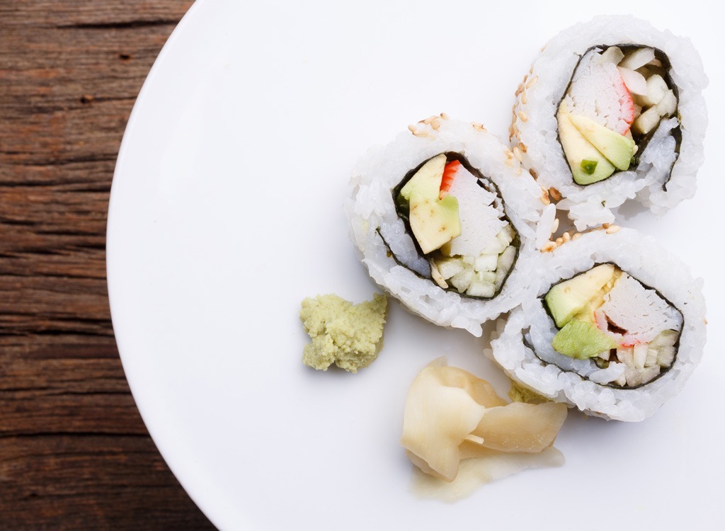 california roll on white plate