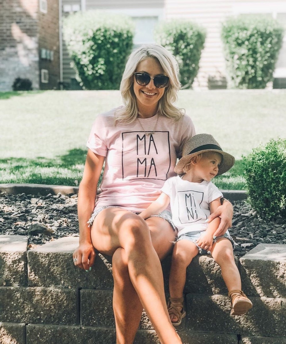 woman and child sitting outdoors in matching shirts, mother daughter gifts