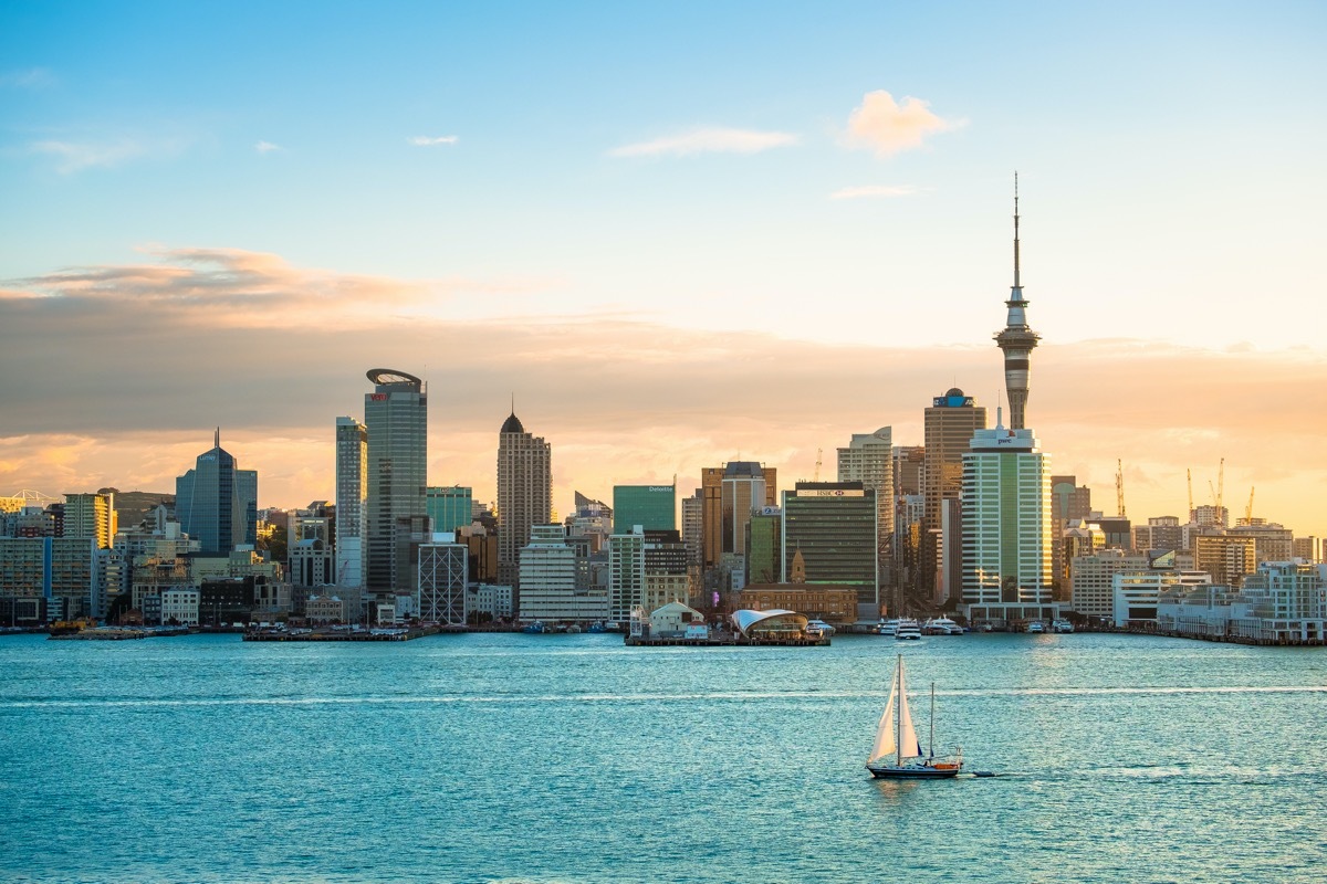 skyline view of the Auckland waterfront with a sailboat