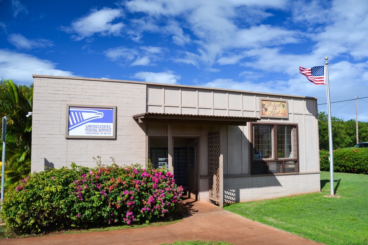 Exterior view of Hoolehua Post Office on the Hawaiian Island of Molokai. The post office is home of Post-a-nut,a service that allows to send coconuts as 