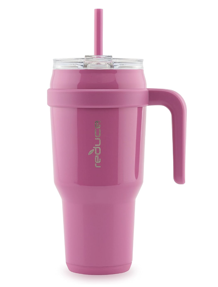 Bright pink tumbler against a white background