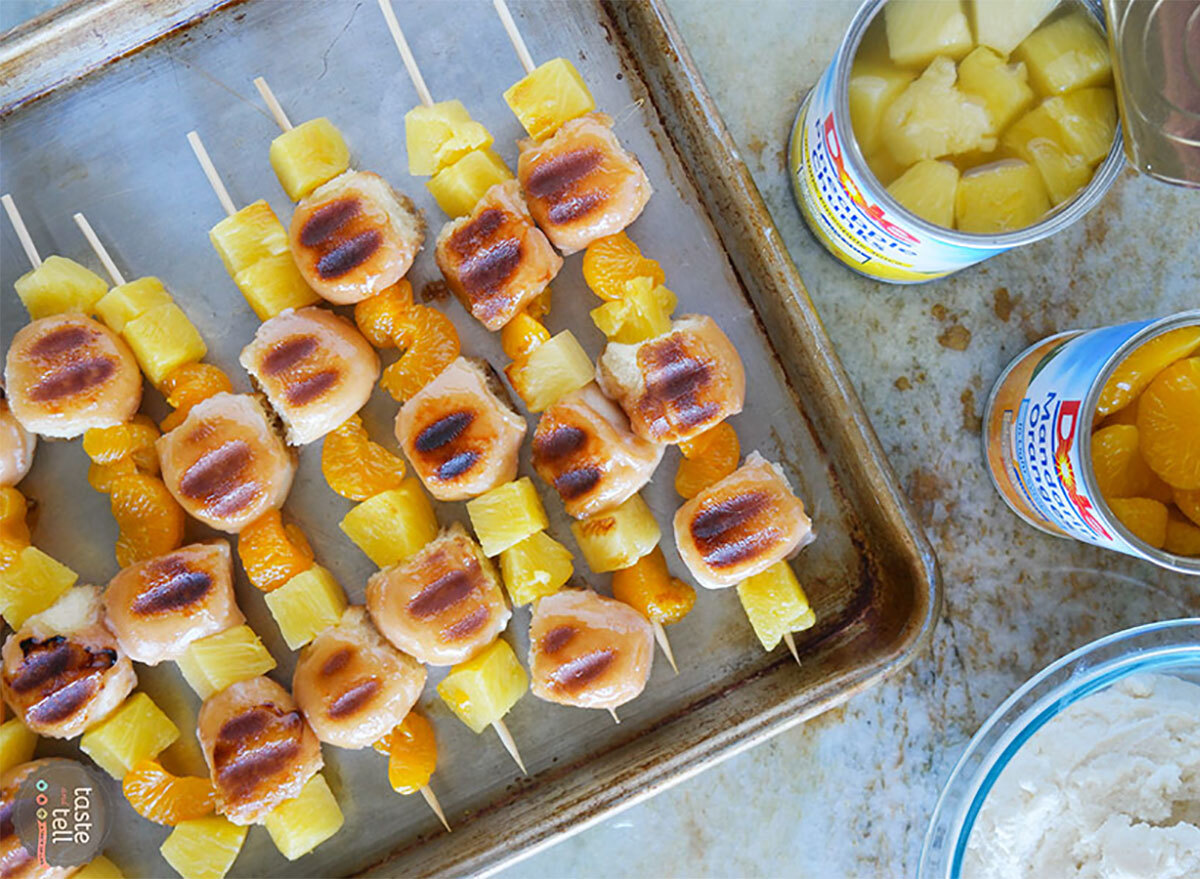 kabobs with donut pieces and canned pineapple