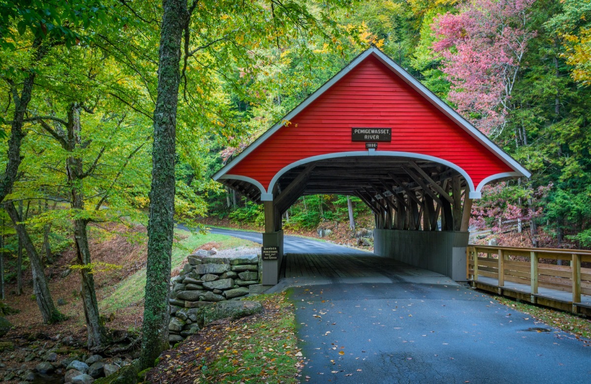 white mountain highway with covered bridge new hampshire