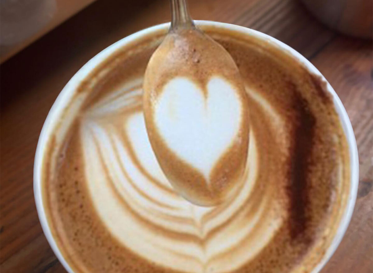 closeup of latte art with spoon