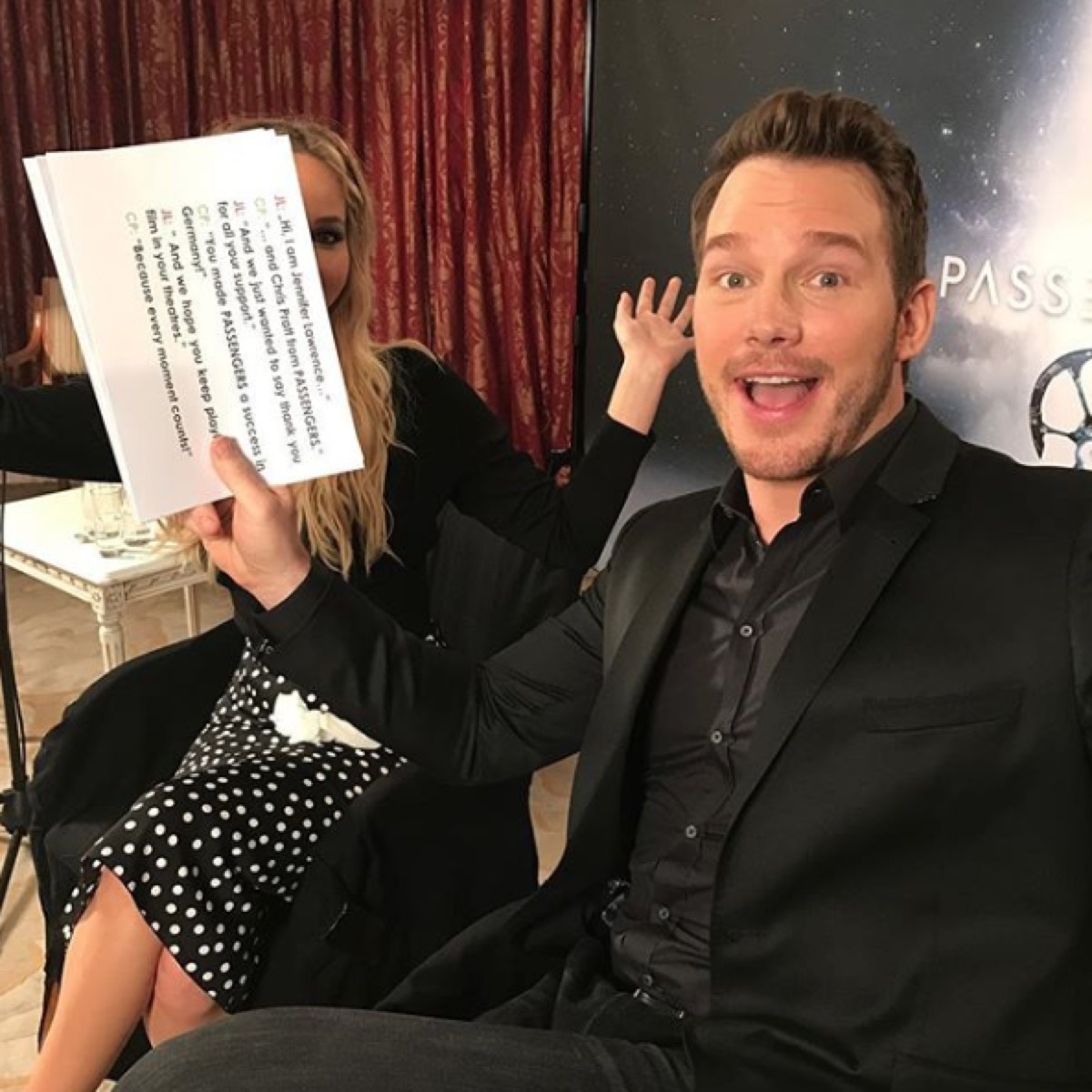 chris pratt prank on jennifer lawrence for media tour, celebrity pranksters