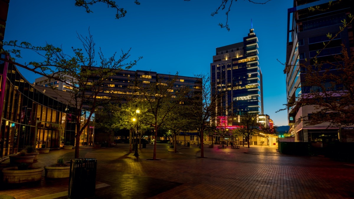 Small park in Boise Idaho and skyline at night