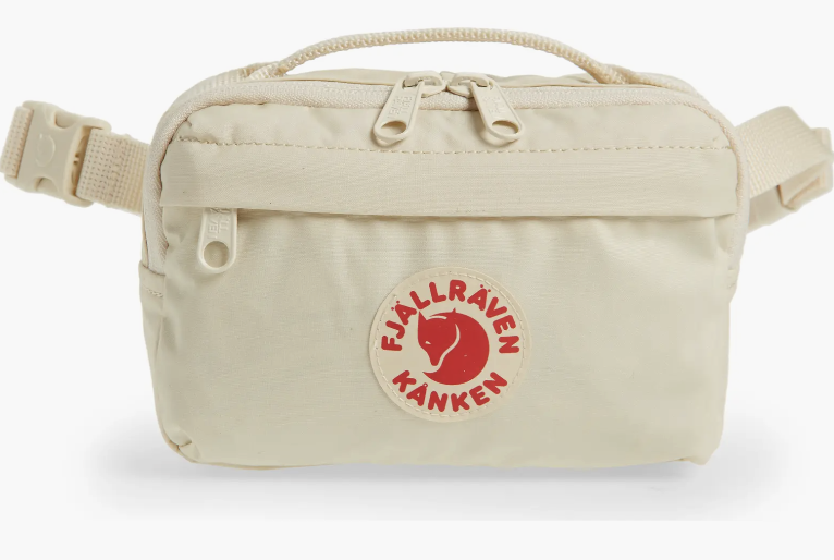 A beige-colored Kanken Water Resistant Belt Bag on a white background