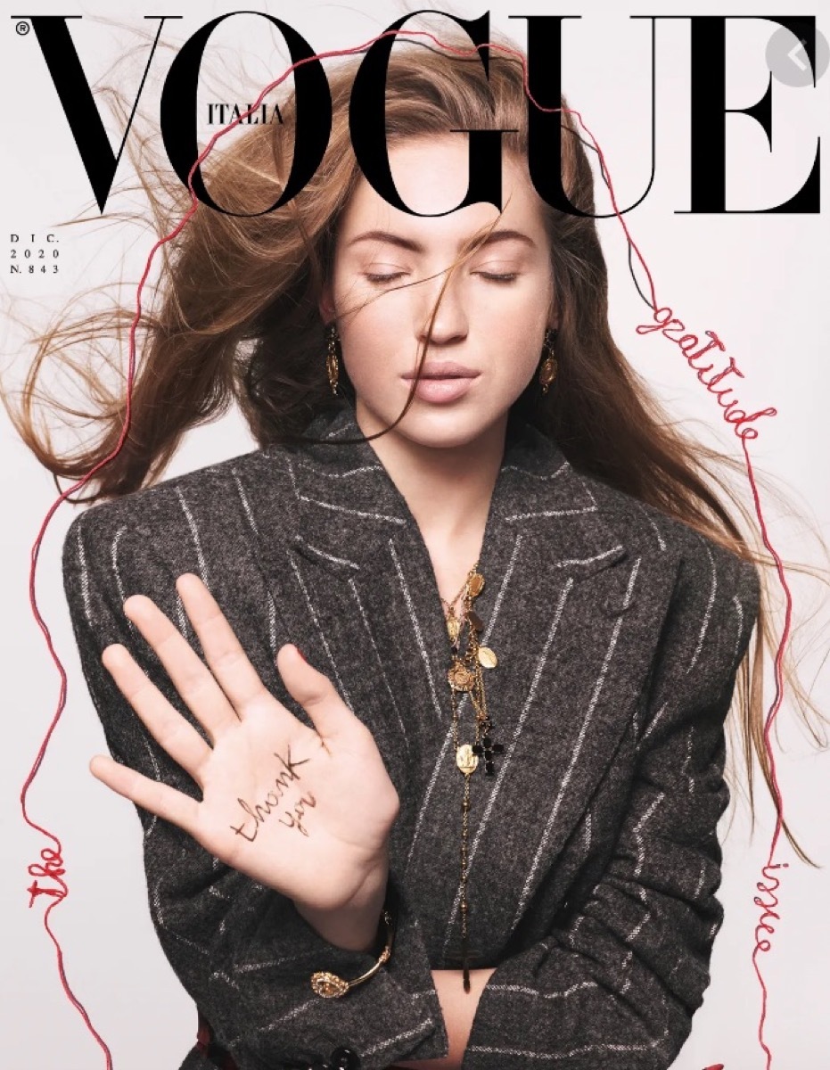 lila moss in pinstripe blazer on vogue italia cover