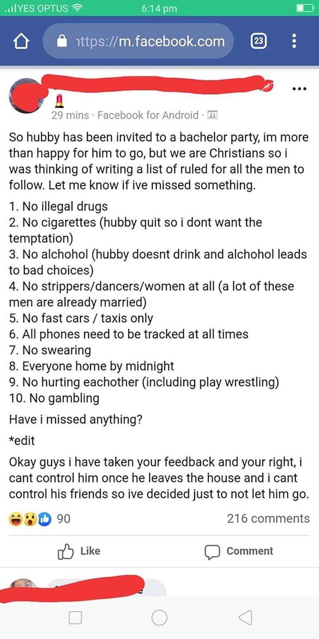 wife's insane list of rules for bachelor party goes viral