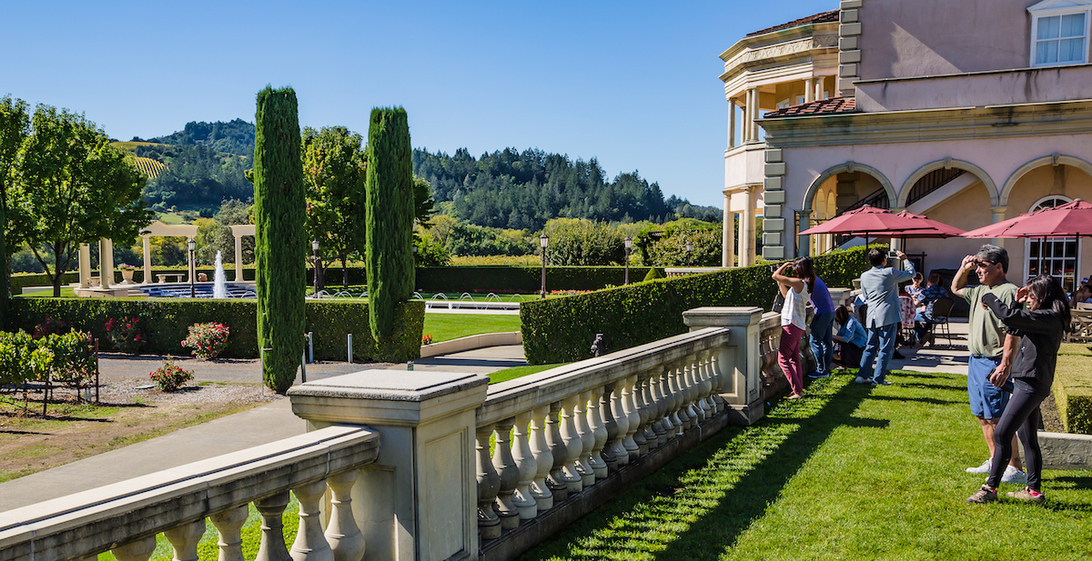 The gardens of Ferrari-Carano Vineyards in Sonoma, California. The estate is to the right, with the gardens and hills in the background to the right.