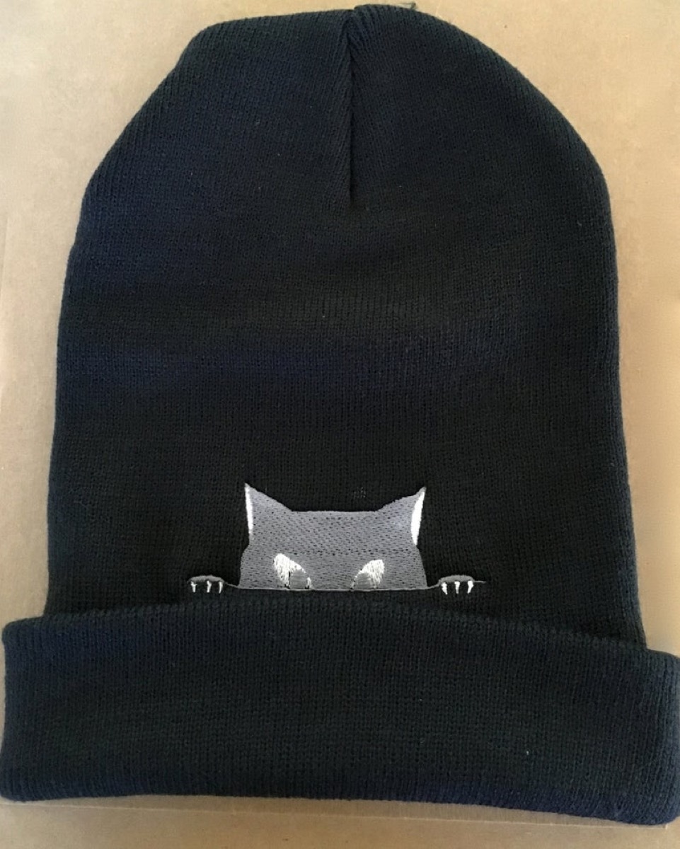 black ski cap with cat embroidery, cat gifts