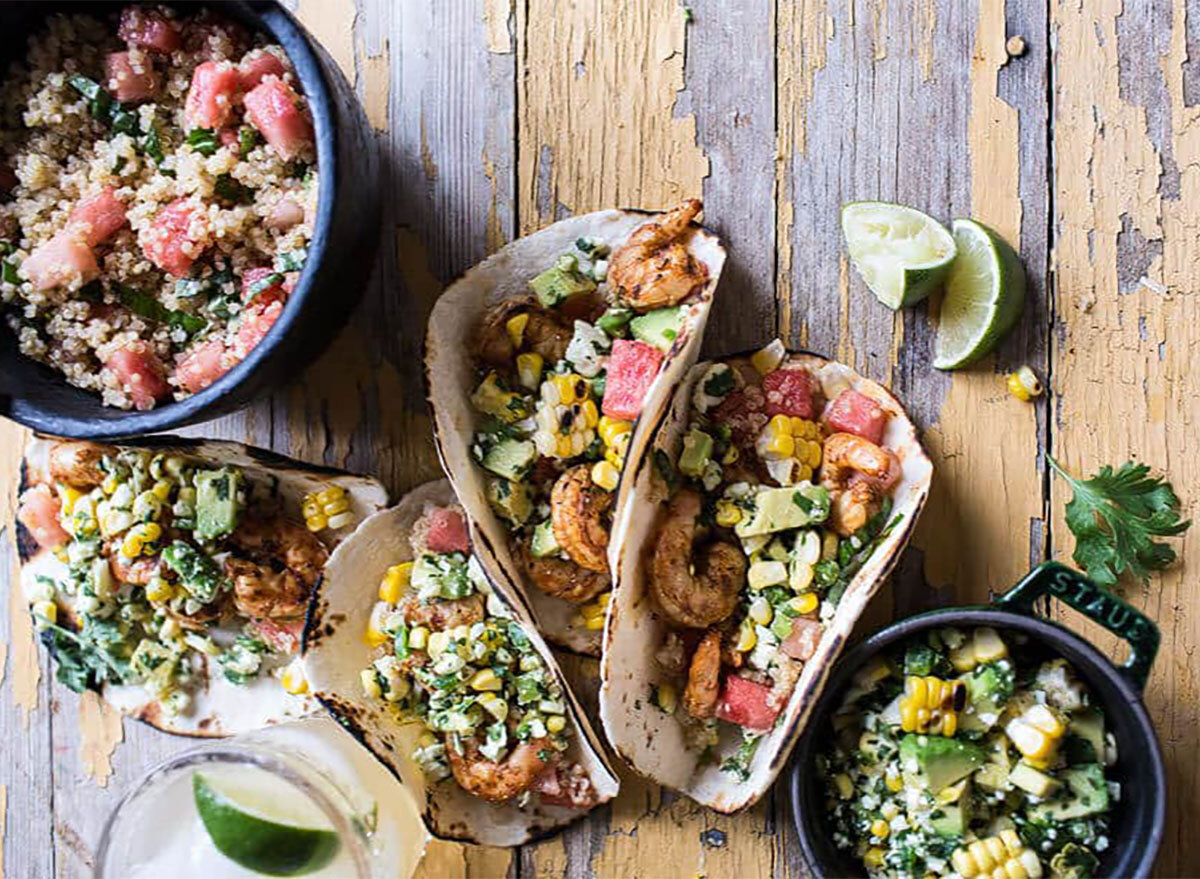 shrimp tacos with corn watermelon and salsa