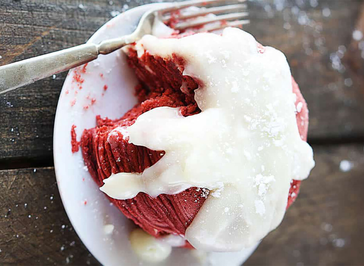 stack of red velvet cheesecake pancakes