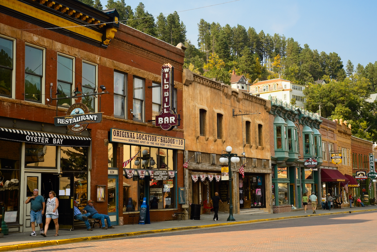 Historic saloons, bars, and shops along Main Street in Deadwood, South Dakota.