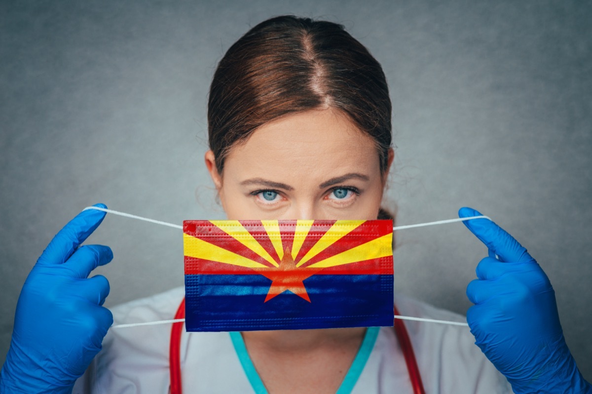 Coronavirus in U.S. State Arizona, Female Doctor Portrait, protect Face surgical medical mask with Arizona Flag