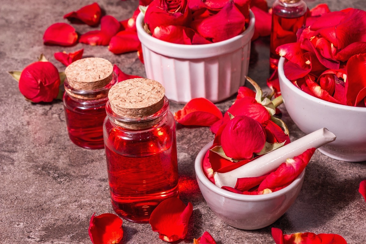 Rosewater with rose petals