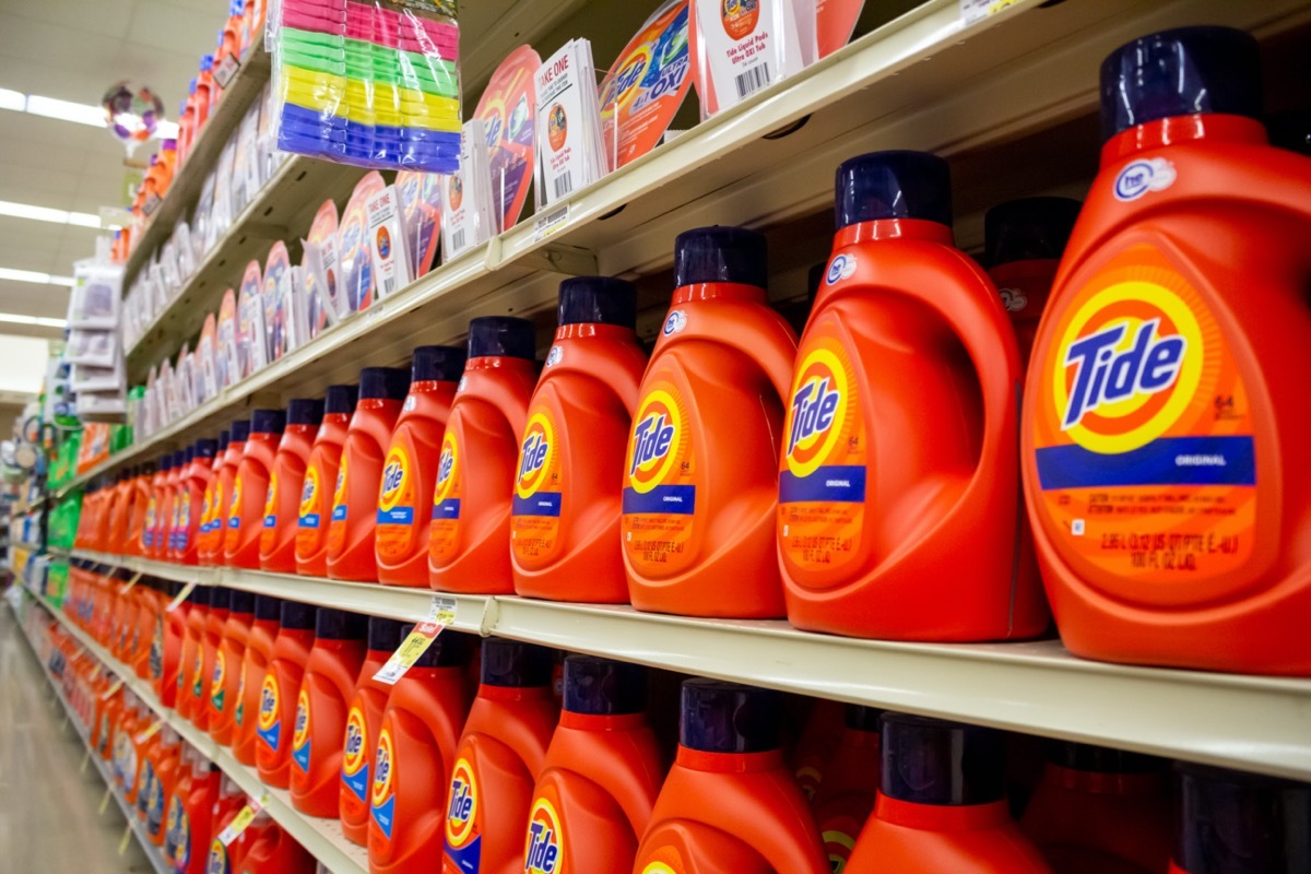 A view of the laundry products aisle, featuring Tide products.