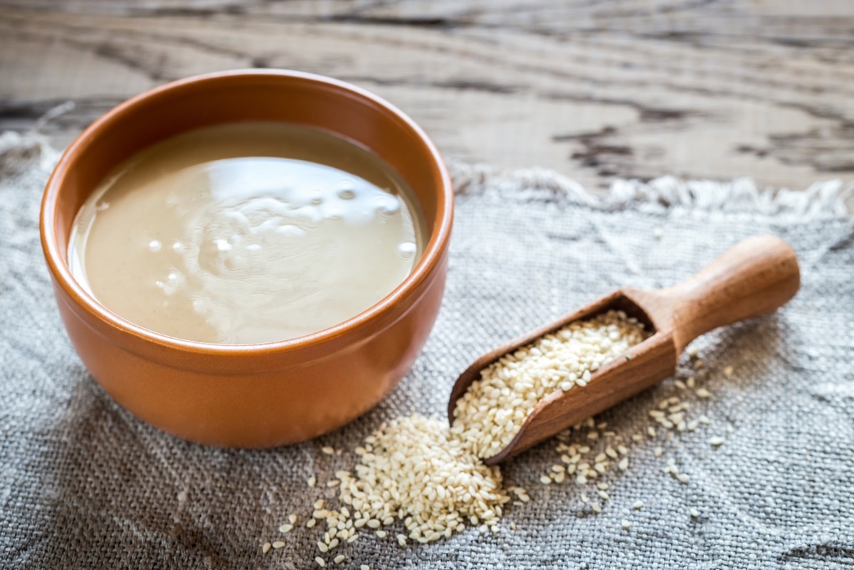 bowl of tahini with sesame seeds