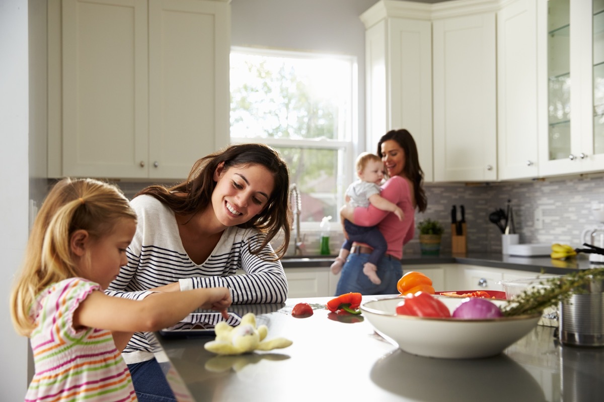 young white lesbian couple in kitchen with kids