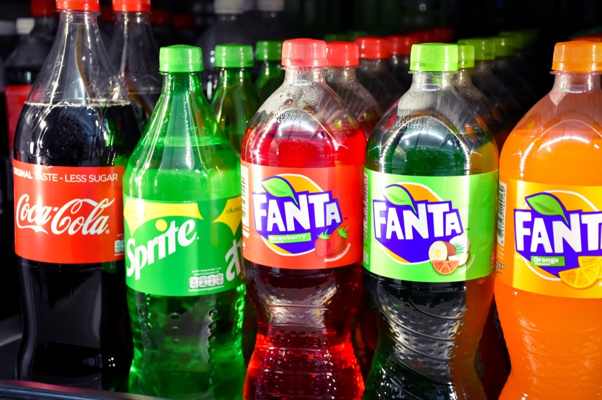 Lopburi​-Thailand,19/03/2020​:Popular Soft Drink Coke - Fanta - Sprite in a bottle showing shelves in the 7-11​stores, Coca-Cola or Coke.Is an carbonated beverage produced by the Coca-Cola Company.