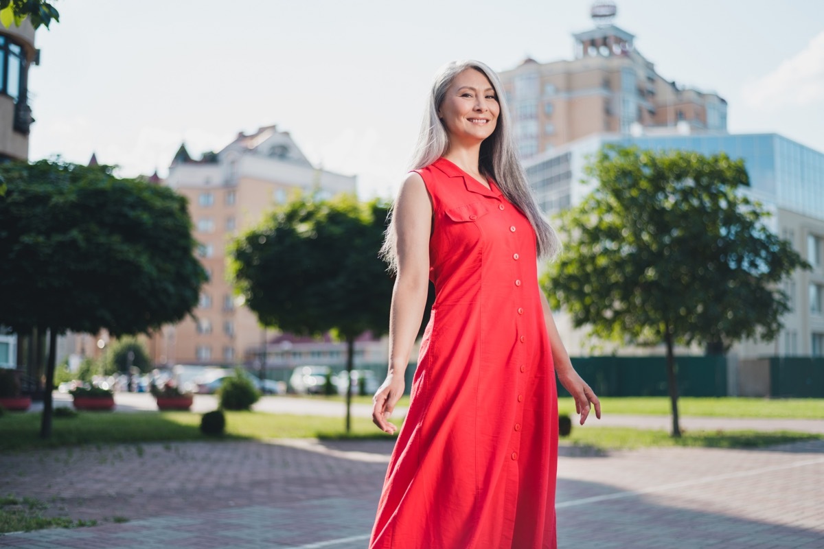 older woman in maxi dress