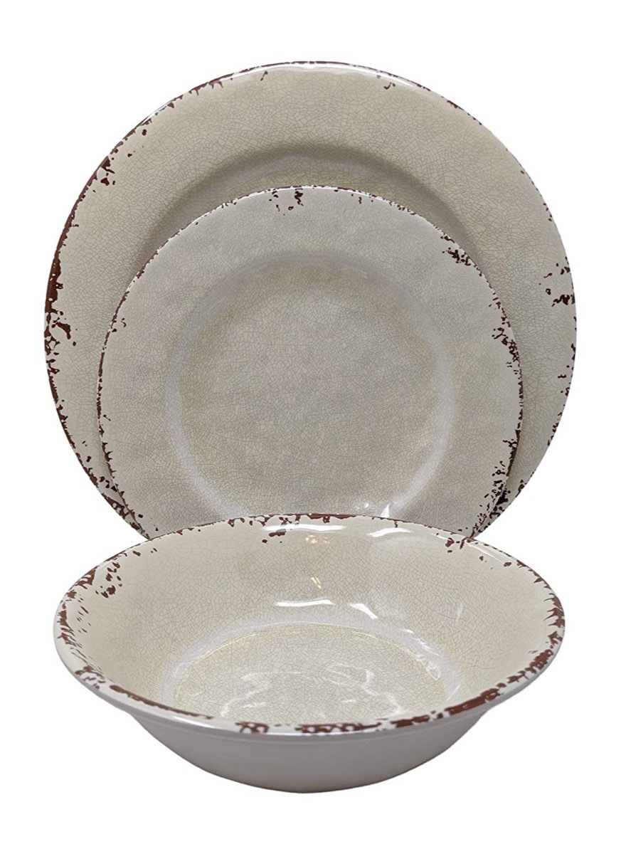 white plates with chipped edges, rustic farmhouse decor