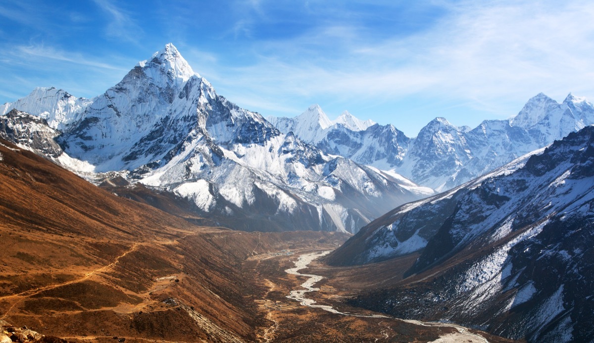 Panoramic beautiful view of mount Ama Dablam with beautiful sky on the way to Everest base camp, Khumbu valley, Sagarmatha national park, Everest area, Nepal